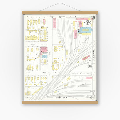 Old map wall art mockup — magnetic wood frame on white wall — Sanborn Fire Insurance Map from Clinton, Clinton County, Iowa (1909), Sheet #0021