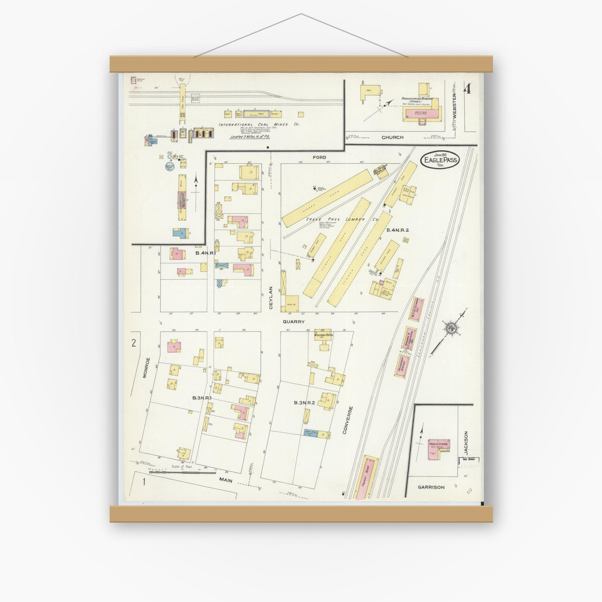 Old map wall art mockup — magnetic wood frame on white wall — Sanborn Fire Insurance Map from Eagle Pass, Maverick County, Texas (1910), Sheet #0004