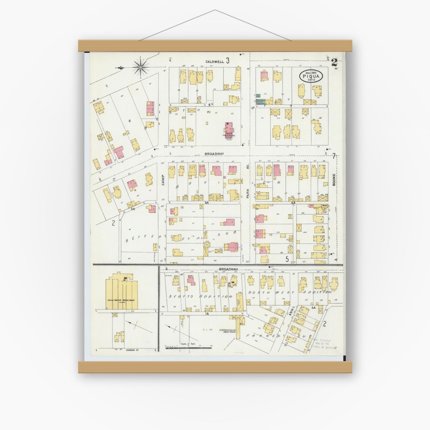 Old map wall art mockup — magnetic wood frame on white wall — Sanborn Fire Insurance Map from Piqua, Miami County, Ohio (1905), Sheet #0002