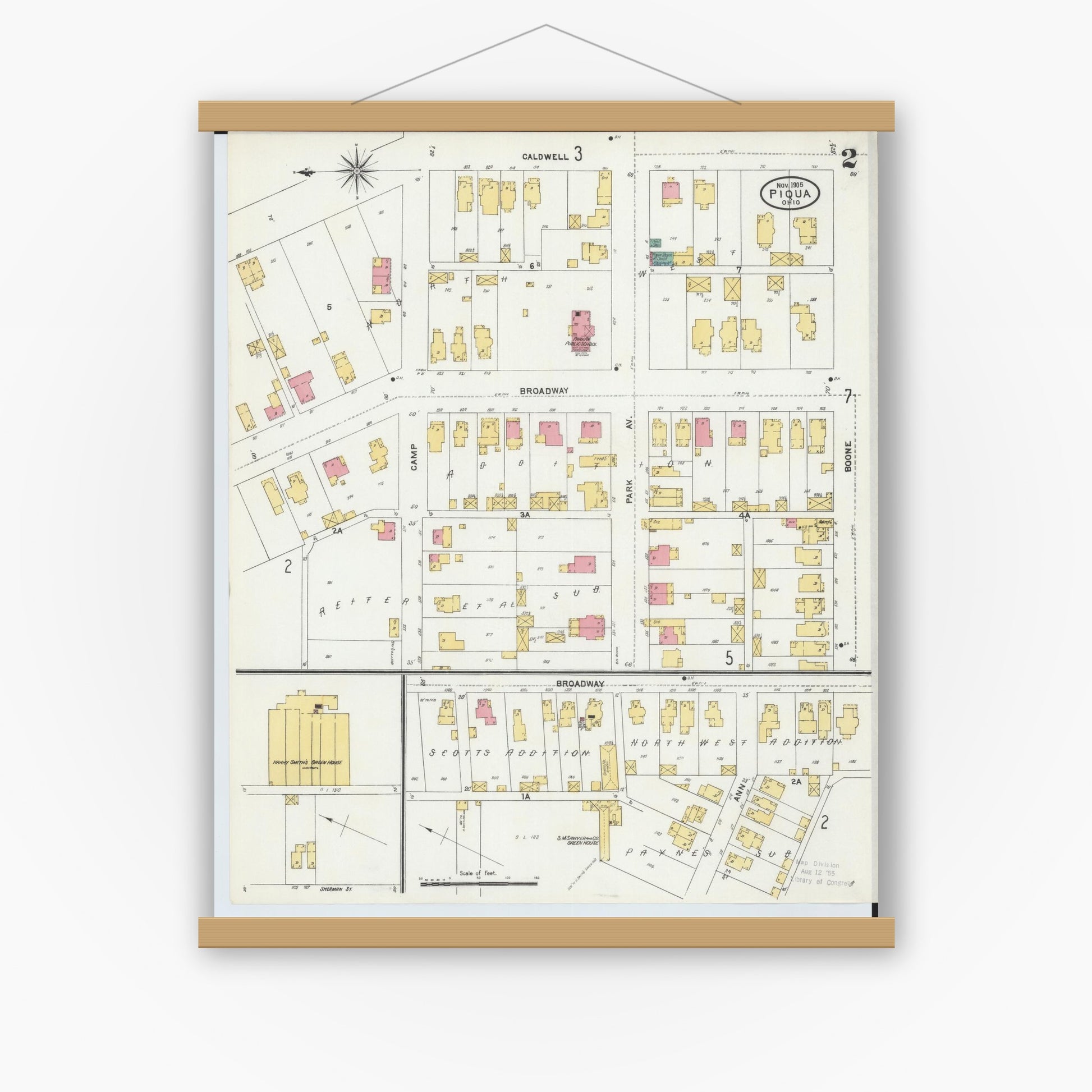 Old map wall art mockup — magnetic wood frame on white wall — Sanborn Fire Insurance Map from Piqua, Miami County, Ohio (1905), Sheet #0002