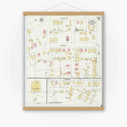 Old map wall art mockup — magnetic wood frame on white wall — Sanborn Fire Insurance Map from Piqua, Miami County, Ohio (1905), Sheet #0002