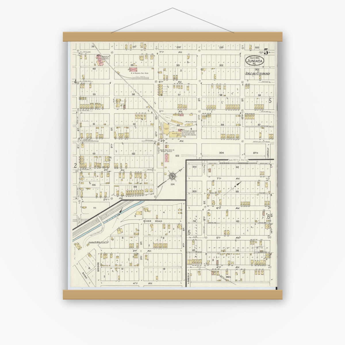 Old map wall art mockup — magnetic wood frame on white wall — Sanborn Fire Insurance Map from Juniata, Blair County, Pennsylvania (1915), Sheet #0005