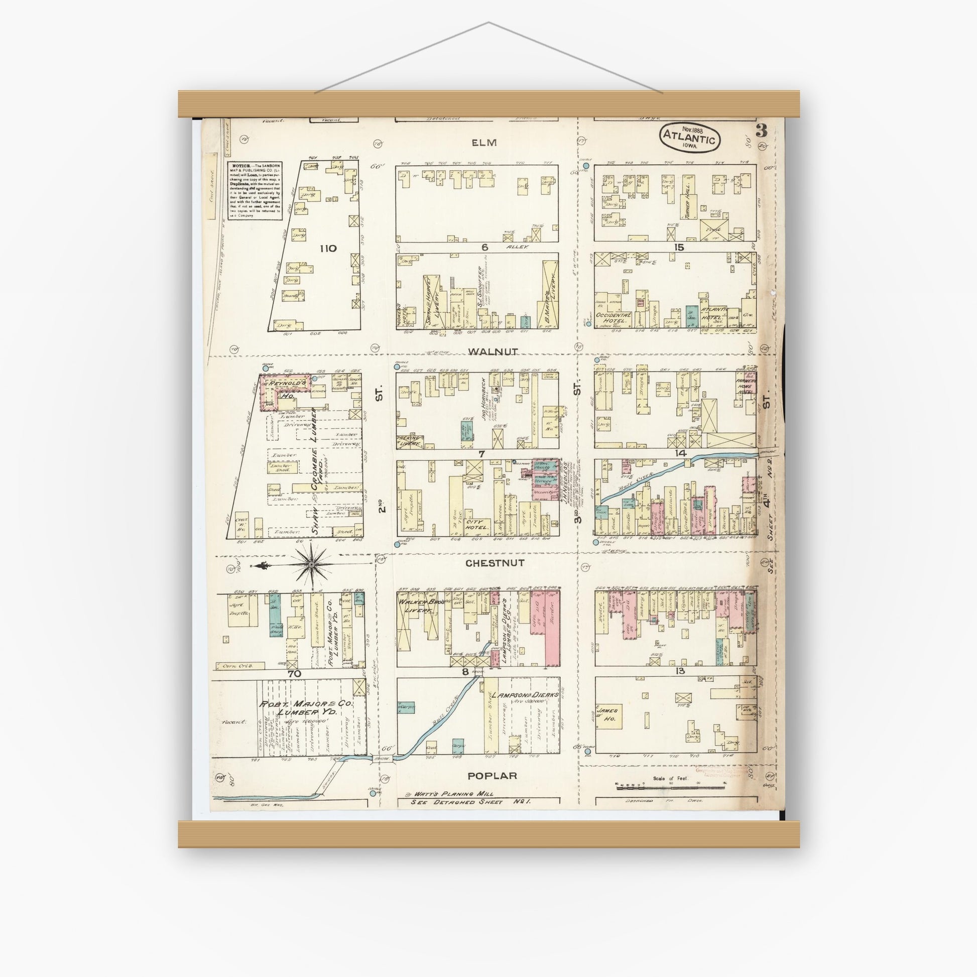 Old map wall art mockup — magnetic wood frame on white wall — Sanborn Fire Insurance Map from Atlantic, Cass County, Iowa (1883), Sheet #0003
