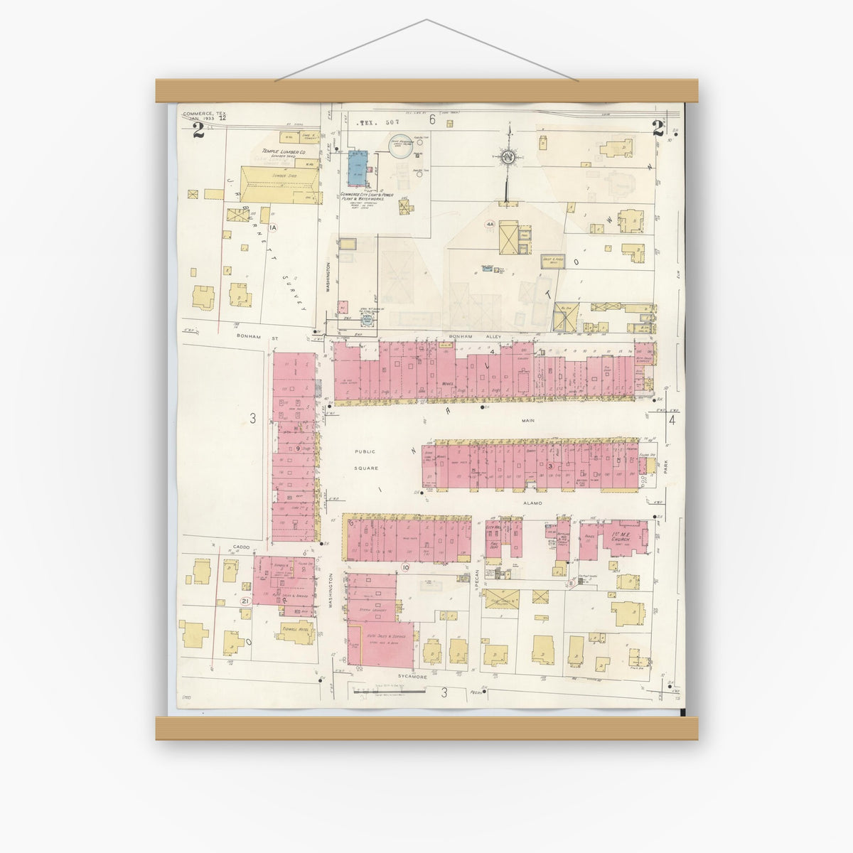 Old map wall art mockup — magnetic wood frame on white wall — Sanborn Fire Insurance Map from Commerce, Hunt County, Texas (1940), Sheet #0002