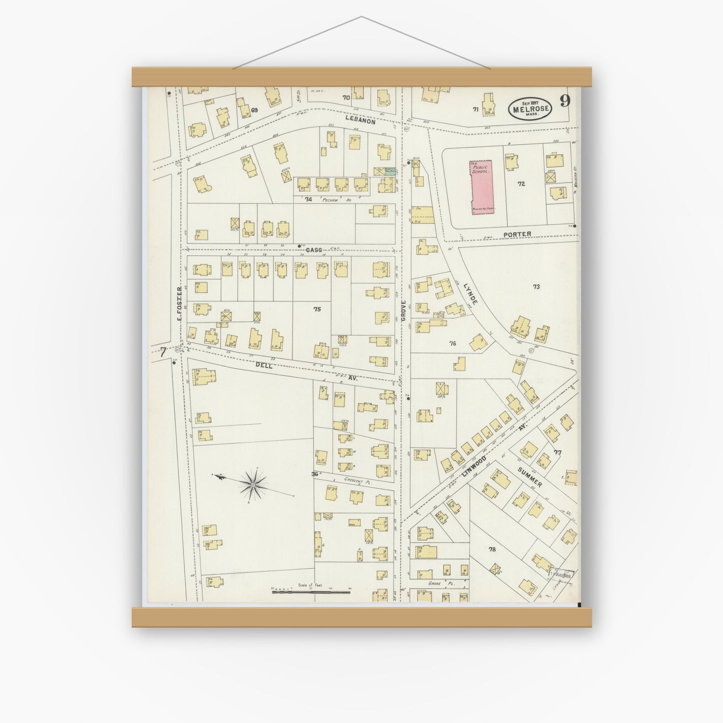 Old map wall art mockup — magnetic wood frame on white wall — Sanborn Fire Insurance Map from Melrose, Middlesex County, Massachusetts (1897), Sheet #0009