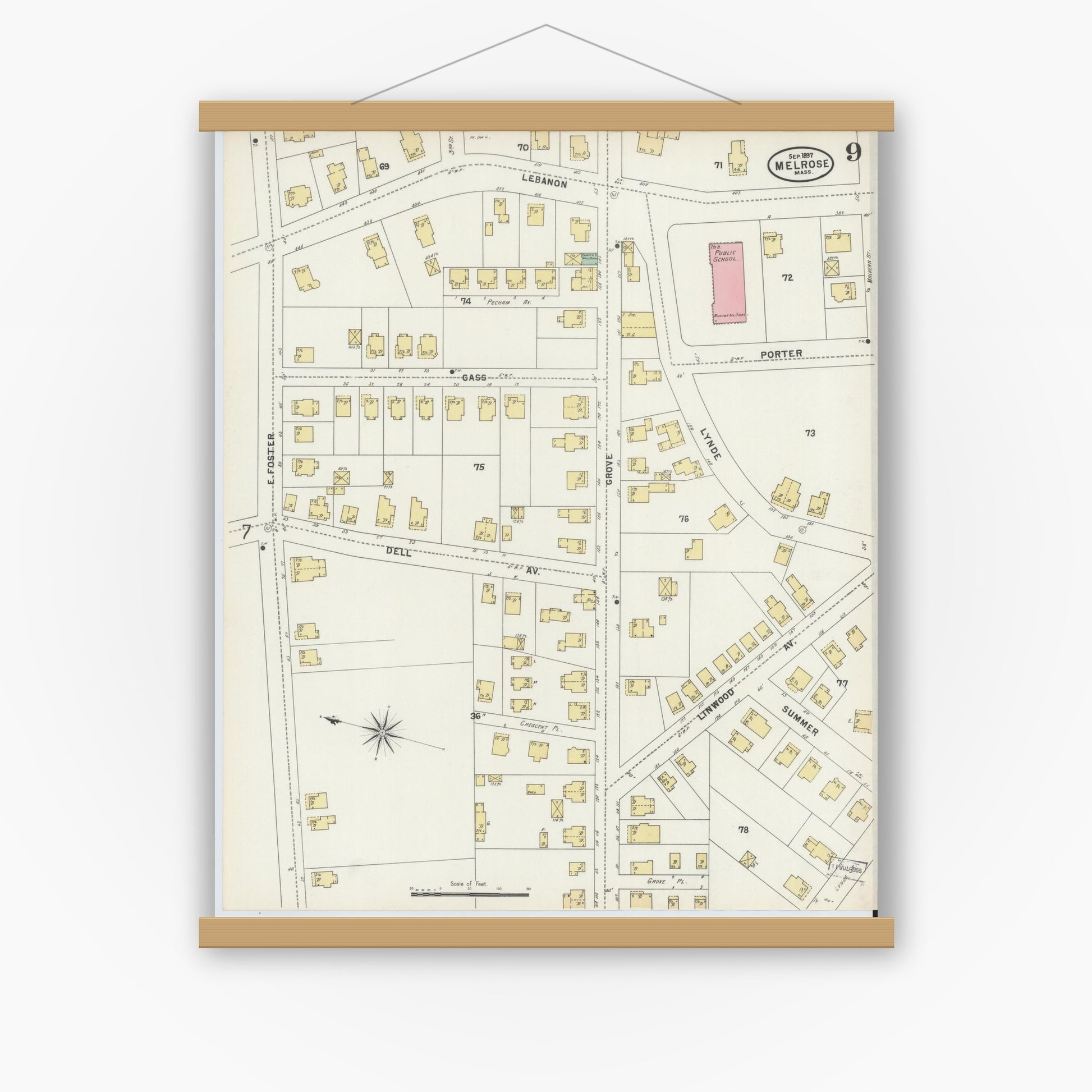 Old map wall art mockup — magnetic wood frame on white wall — Sanborn Fire Insurance Map from Melrose, Middlesex County, Massachusetts (1897), Sheet #0009