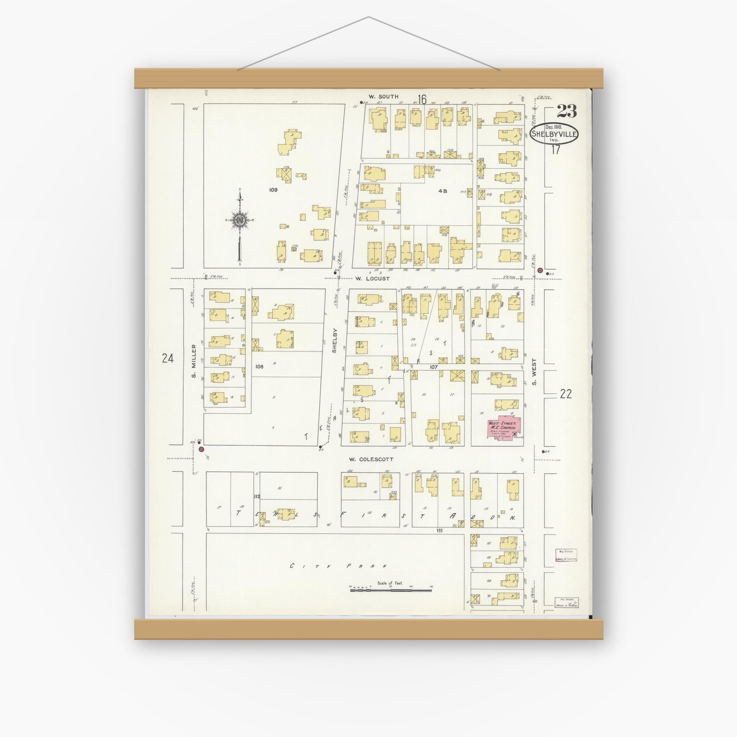 Old map wall art mockup — magnetic wood frame on white wall — Sanborn Fire Insurance Map from Shelbyville, Shelby County, Indiana (1910), Sheet #0023