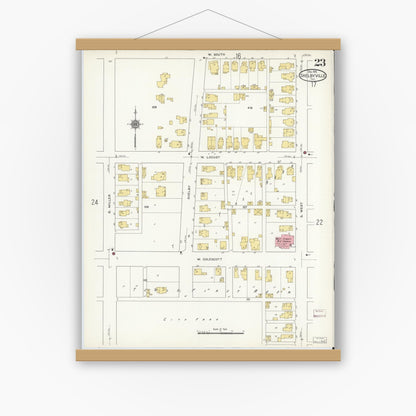 Old map wall art mockup — magnetic wood frame on white wall — Sanborn Fire Insurance Map from Shelbyville, Shelby County, Indiana (1910), Sheet #0023