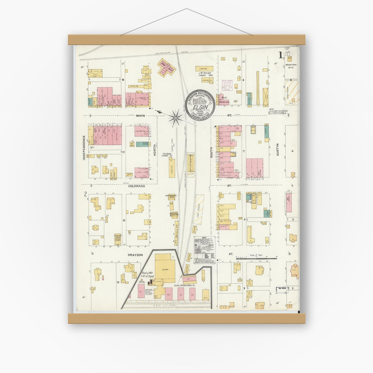 Old map wall art mockup — magnetic wood frame on white wall — Sanborn Fire Insurance Map from Elgin, Bastrop County, Texas (1905), Sheet #0001