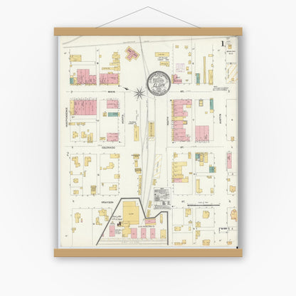 Old map wall art mockup — magnetic wood frame on white wall — Sanborn Fire Insurance Map from Elgin, Bastrop County, Texas (1905), Sheet #0001