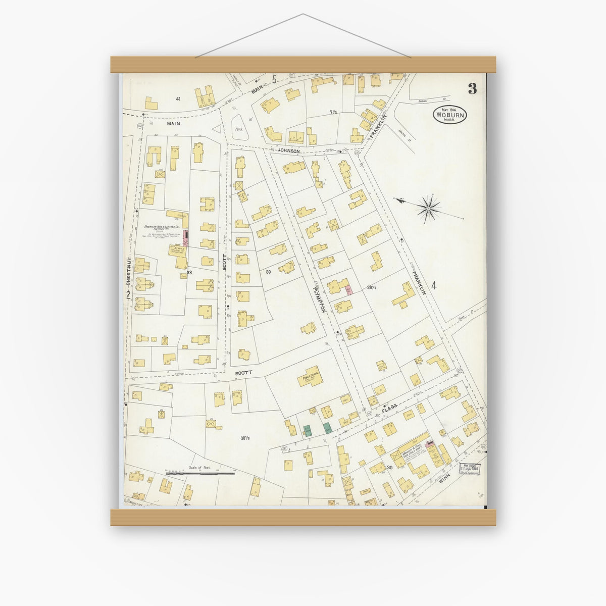 Old map wall art mockup — magnetic wood frame on white wall — Sanborn Fire Insurance Map from Woburn, Middlesex County, Massachusetts (1904), Sheet #0003