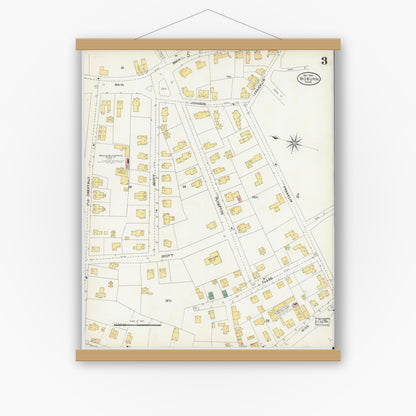 Old map wall art mockup — magnetic wood frame on white wall — Sanborn Fire Insurance Map from Woburn, Middlesex County, Massachusetts (1904), Sheet #0003