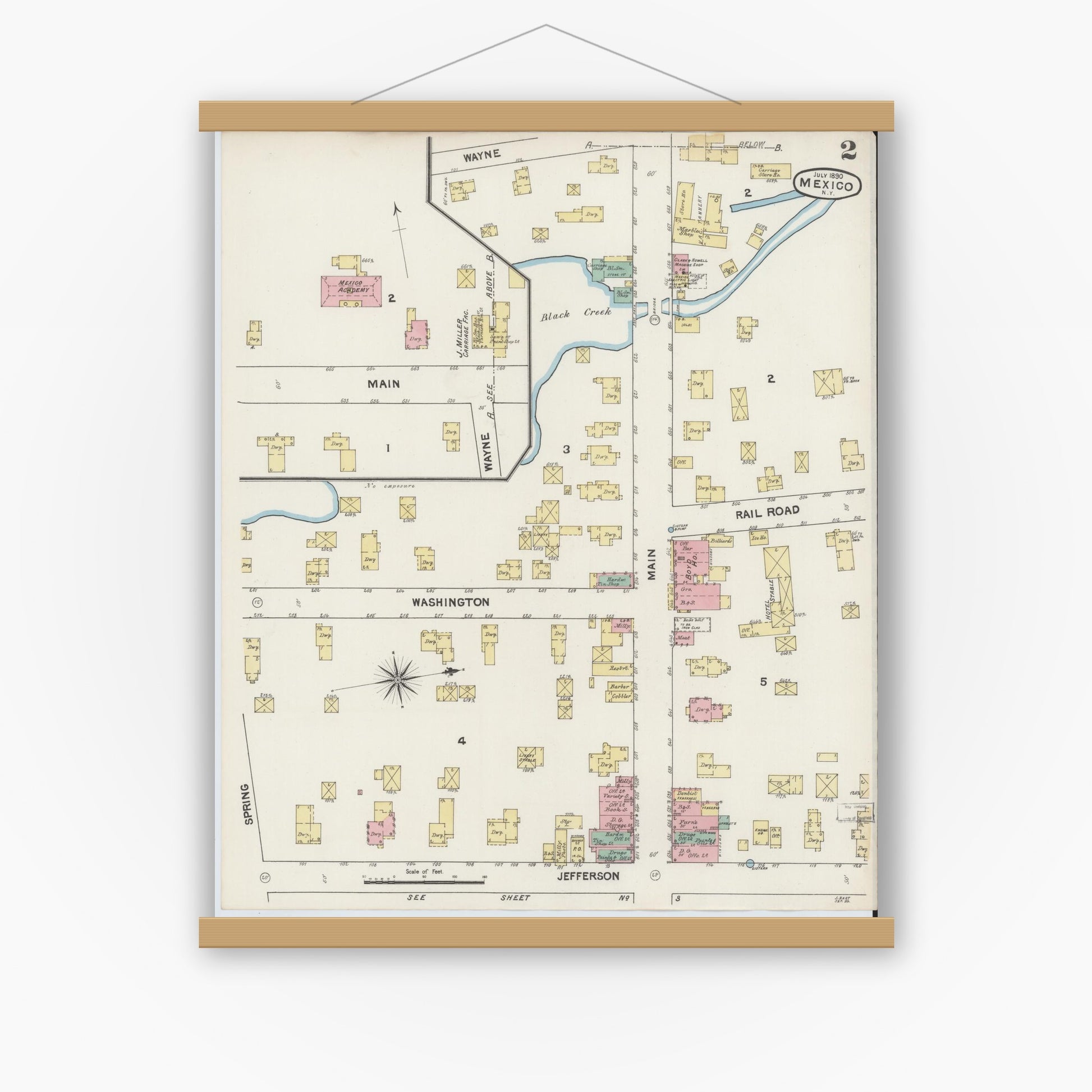 Old map wall art mockup — magnetic wood frame on white wall — Sanborn Fire Insurance Map from Mexico, Oswego County, New York (1890), Sheet #0002