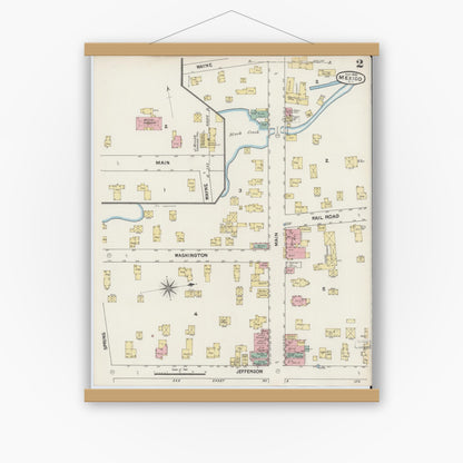 Old map wall art mockup — magnetic wood frame on white wall — Sanborn Fire Insurance Map from Mexico, Oswego County, New York (1890), Sheet #0002