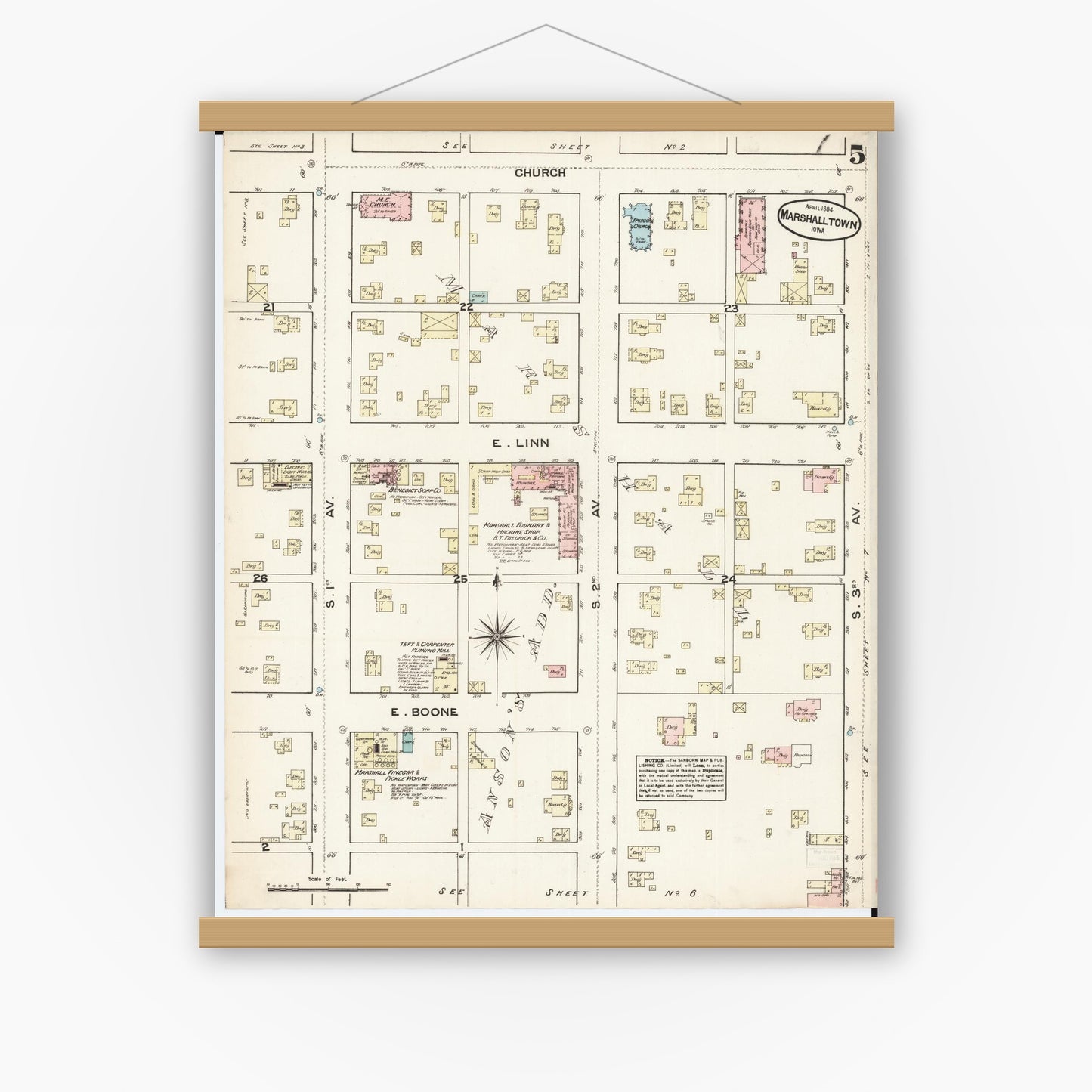 Old map wall art mockup — magnetic wood frame on white wall — Sanborn Fire Insurance Map from Marshalltown, Marshall County, Iowa (1884), Sheet #0005