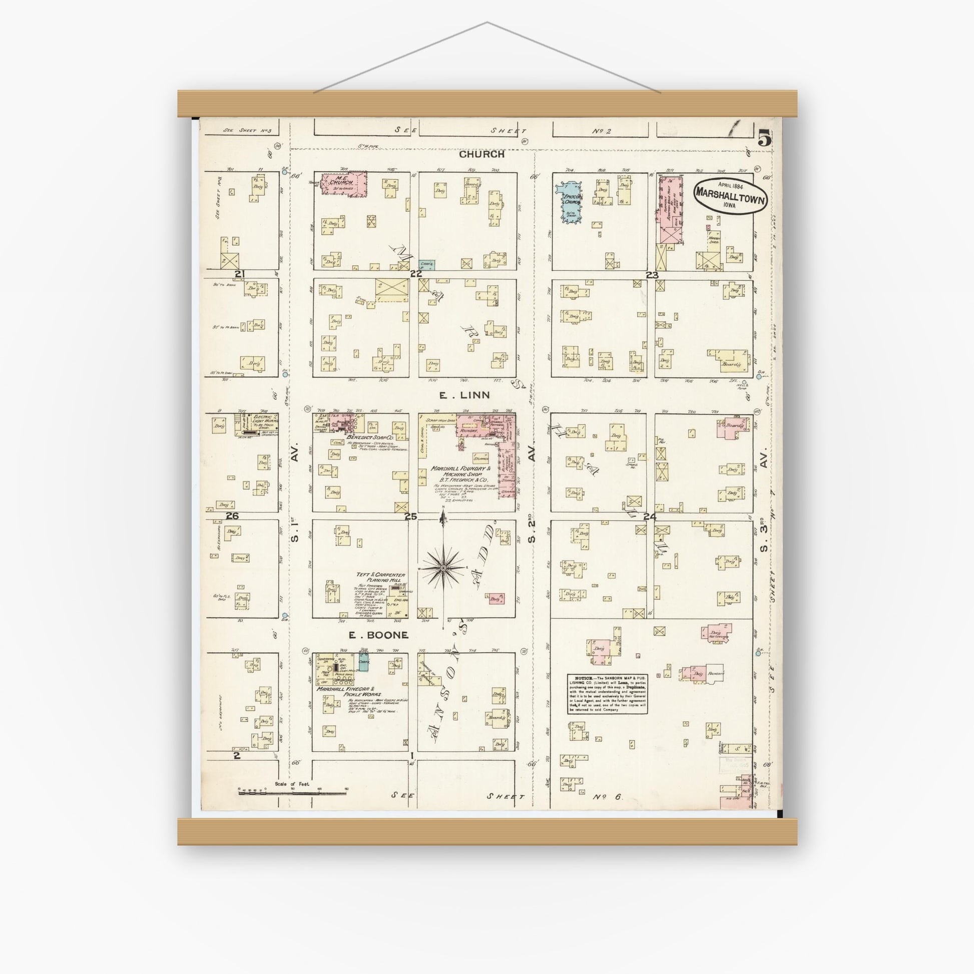 Old map wall art mockup — magnetic wood frame on white wall — Sanborn Fire Insurance Map from Marshalltown, Marshall County, Iowa (1884), Sheet #0005