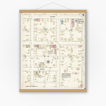 Old map wall art mockup — magnetic wood frame on white wall — Sanborn Fire Insurance Map from Marshalltown, Marshall County, Iowa (1884), Sheet #0005
