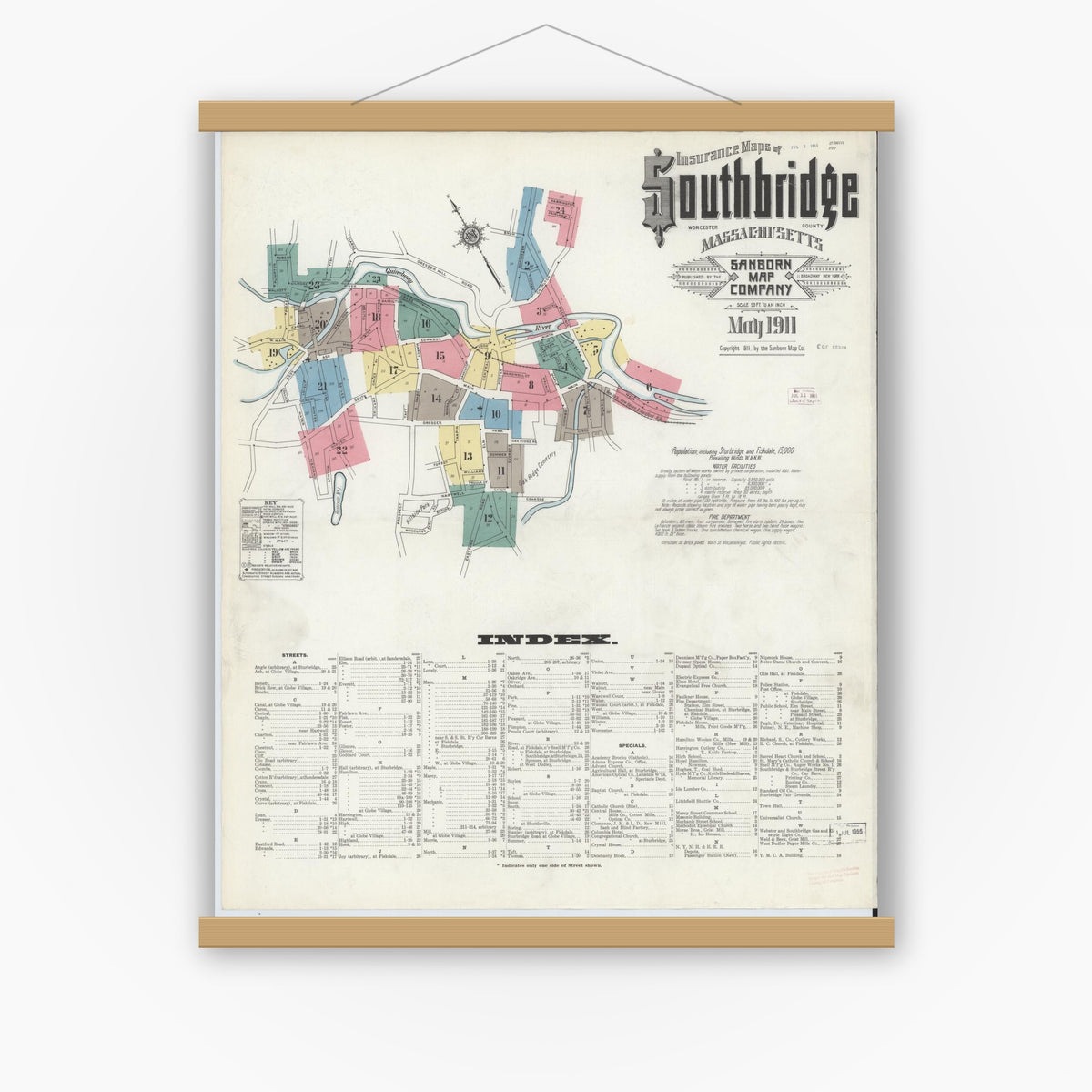 Old map wall art mockup — magnetic wood frame on white wall — Sanborn Fire Insurance Map from Southbridge, Worcester County, Massachusetts (1911) - Complete Map Set