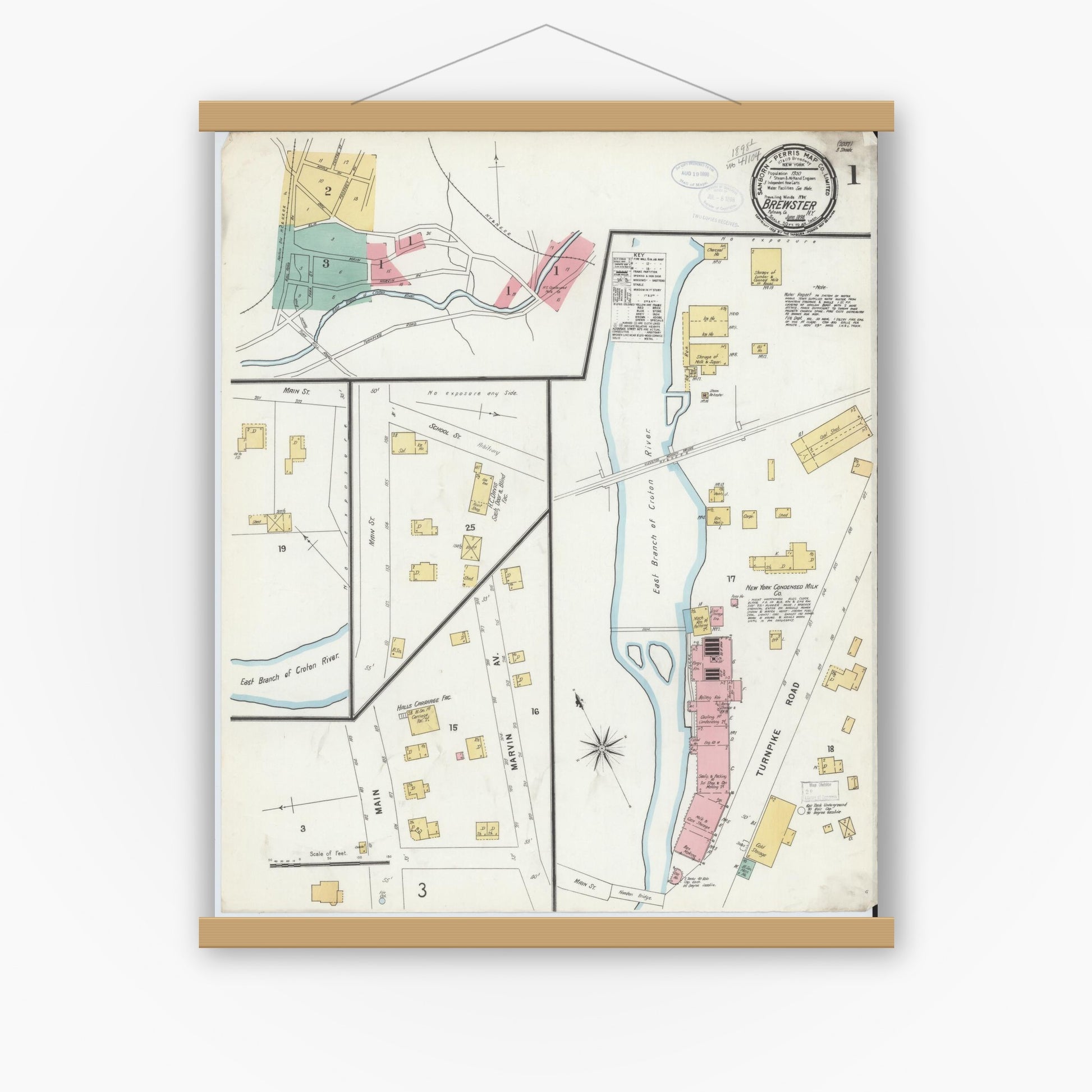 Old map wall art mockup — magnetic wood frame on white wall — Sanborn Fire Insurance Map from Brewster, Putnam County, New York (1898) - Complete Map Set