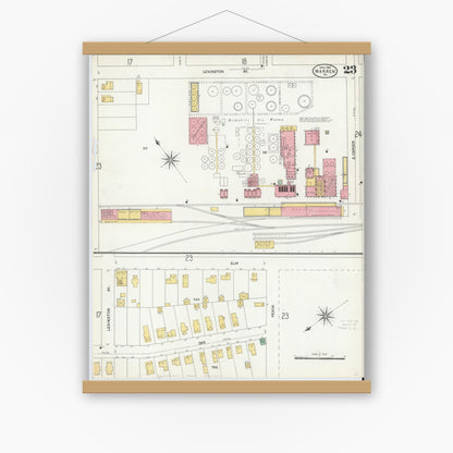 Old map wall art mockup — magnetic wood frame on white wall — Sanborn Fire Insurance Map from Warren, Warren County, Pennsylvania (1904), Sheet #0023