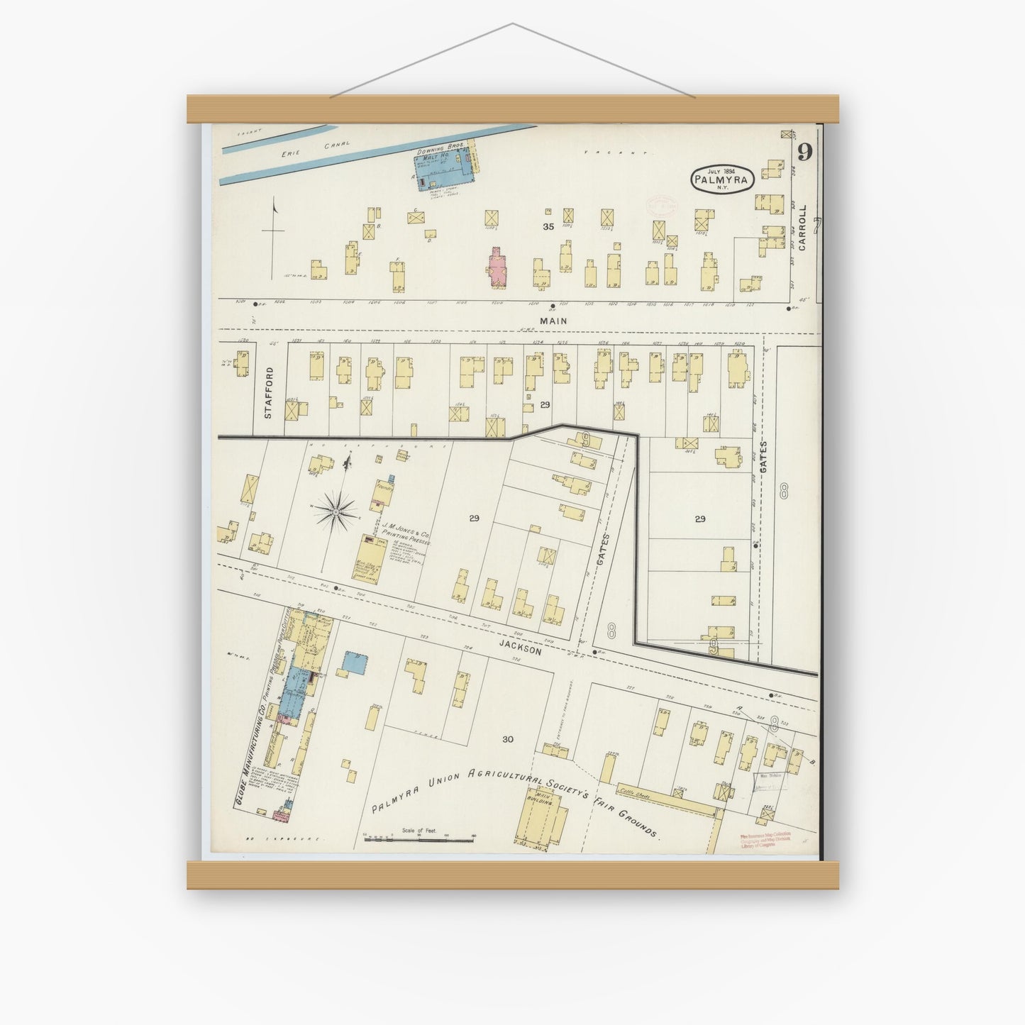 Old map wall art mockup — magnetic wood frame on white wall — Sanborn Fire Insurance Map from Palmyra, Wayne County, New York (1894), Sheet #0009