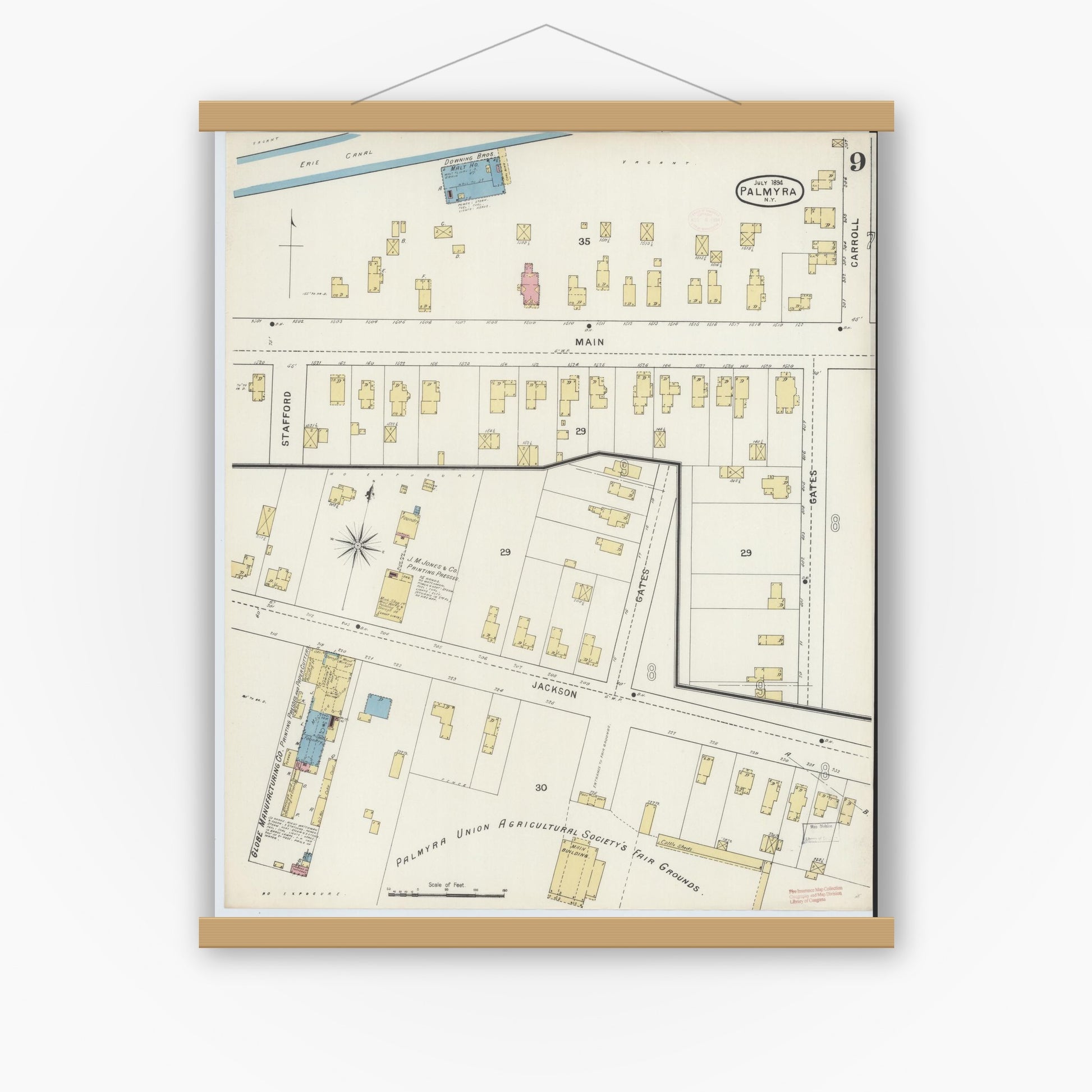 Old map wall art mockup — magnetic wood frame on white wall — Sanborn Fire Insurance Map from Palmyra, Wayne County, New York (1894), Sheet #0009
