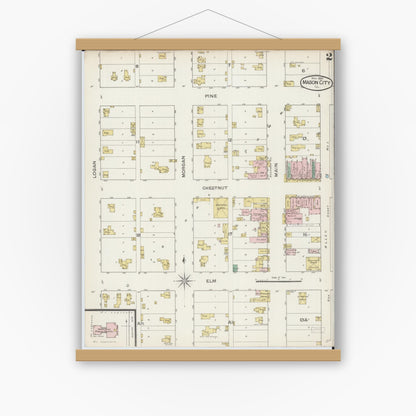 Old map wall art mockup — magnetic wood frame on white wall — Sanborn Fire Insurance Map from Mason City, Mason County, Illinois (1887), Sheet #0002