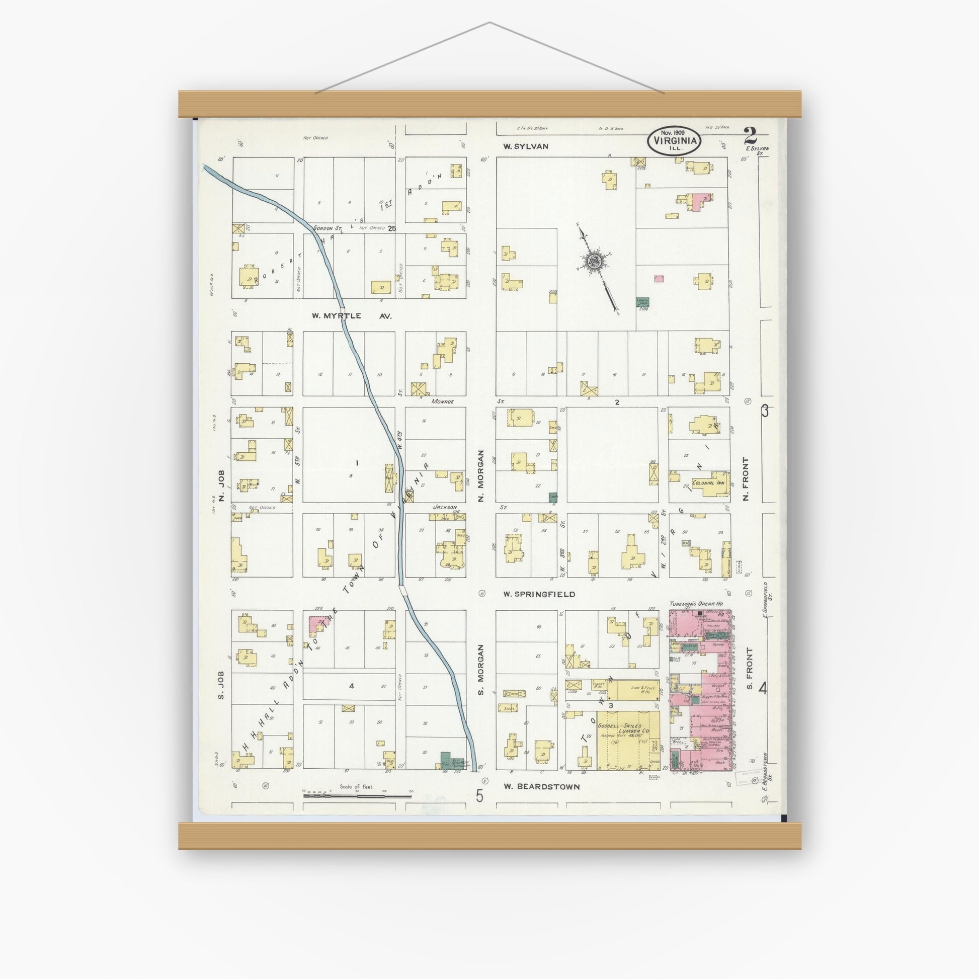 Old map wall art mockup — magnetic wood frame on white wall — Sanborn Fire Insurance Map from Virginia, Cass County, Illinois (1909), Sheet #0002