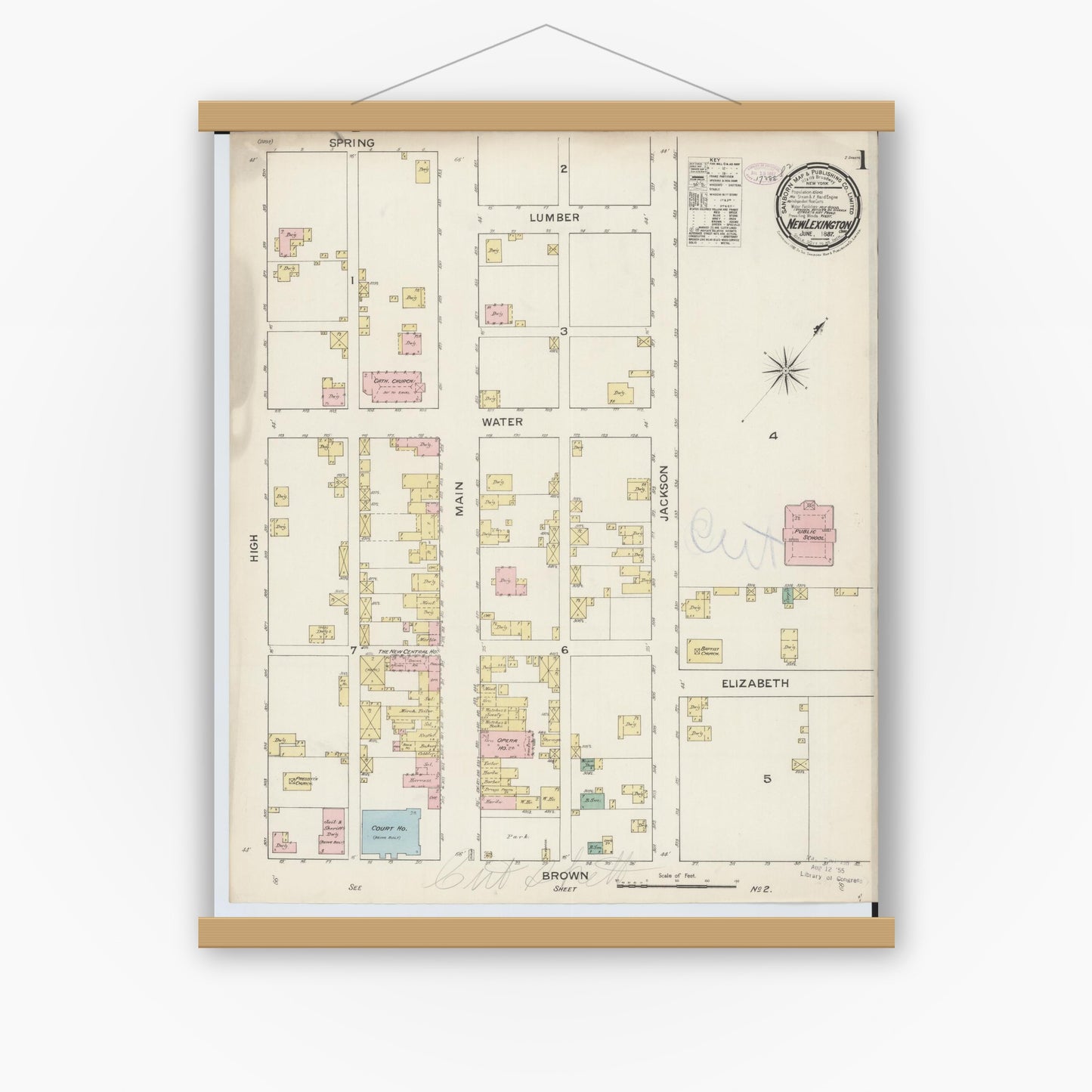 Old map wall art mockup — magnetic wood frame on white wall — Sanborn Fire Insurance Map from New Lexington, Perry County, Ohio (1887), Sheet #0001