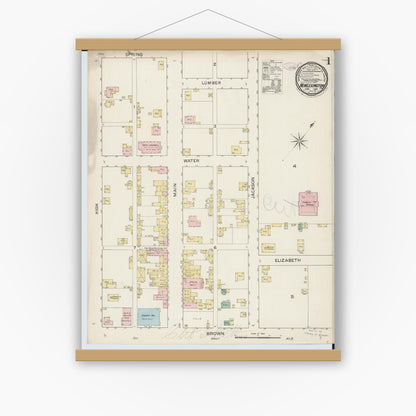 Old map wall art mockup — magnetic wood frame on white wall — Sanborn Fire Insurance Map from New Lexington, Perry County, Ohio (1887), Sheet #0001