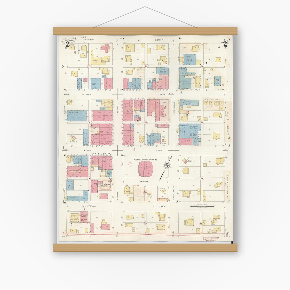 Old map wall art mockup — magnetic wood frame on white wall — Sanborn Fire Insurance Map from Winamac, Pulaski County, Indiana (1943), Sheet #0002