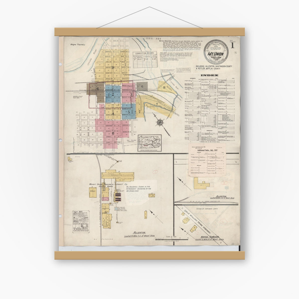Old map wall art mockup — magnetic wood frame on white wall — Sanborn Fire Insurance Map from Mount Union, Huntingdon County, Pennsylvania (1944), Sheet #0001