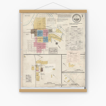 Old map wall art mockup — magnetic wood frame on white wall — Sanborn Fire Insurance Map from Mount Union, Huntingdon County, Pennsylvania (1944), Sheet #0001