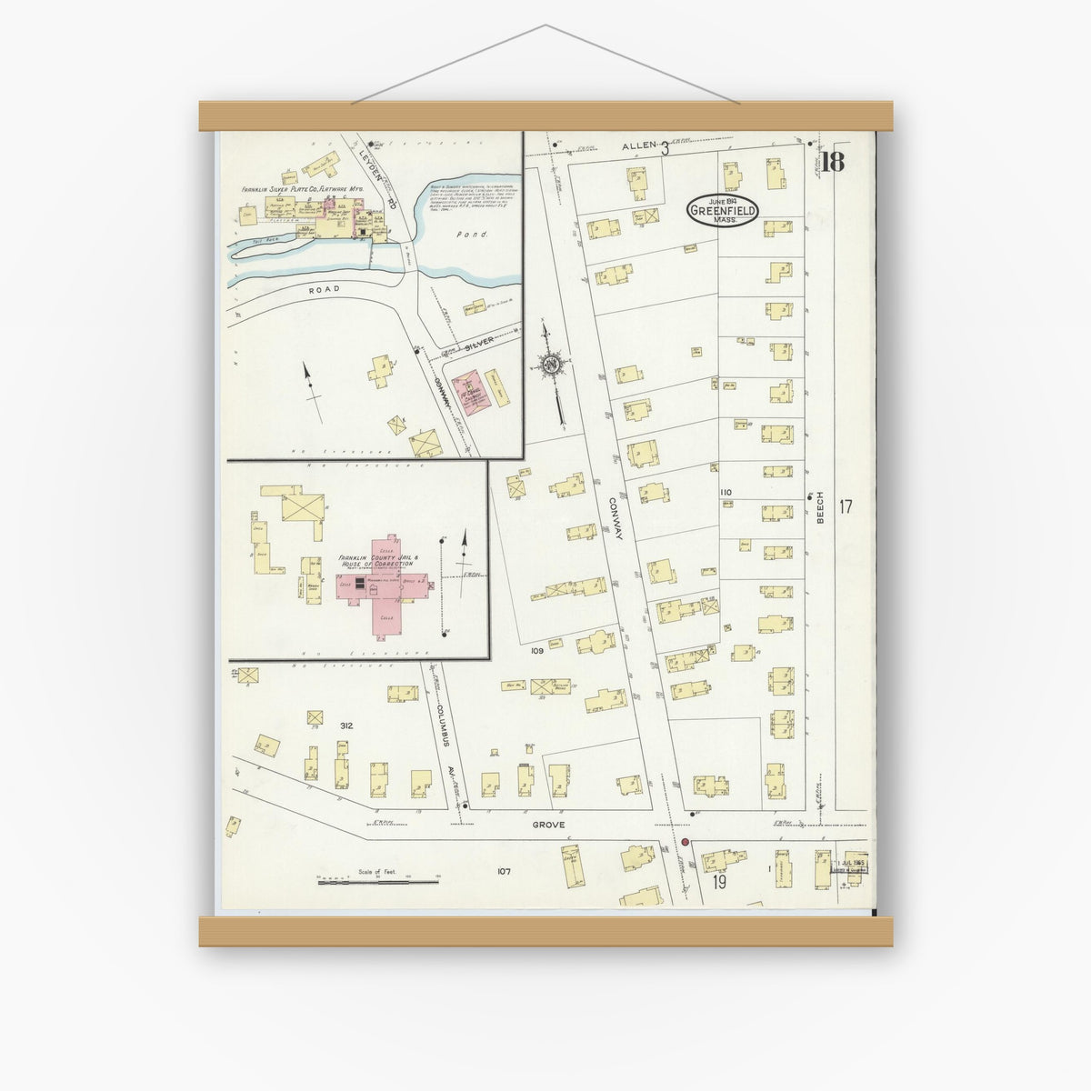 Old map wall art mockup — magnetic wood frame on white wall — Sanborn Fire Insurance Map from Greenfield, Franklin County, Massachusetts (1914), Sheet #0018