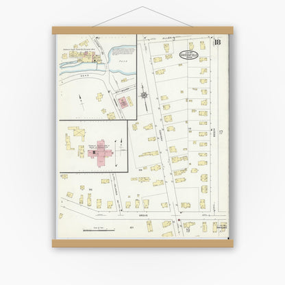 Old map wall art mockup — magnetic wood frame on white wall — Sanborn Fire Insurance Map from Greenfield, Franklin County, Massachusetts (1914), Sheet #0018