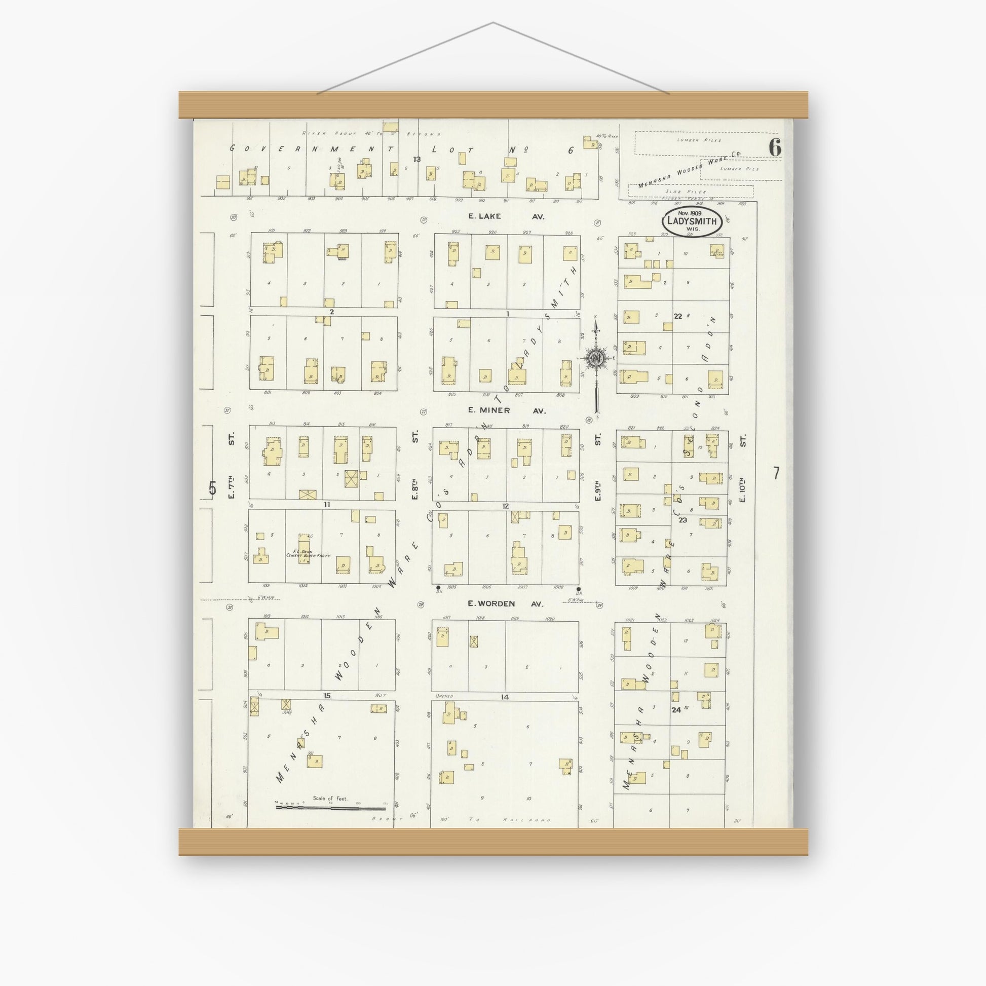 Old map wall art mockup — magnetic wood frame on white wall — Sanborn Fire Insurance Map from Ladysmith, Rusk County, Wisconsin (1909), Sheet #0006