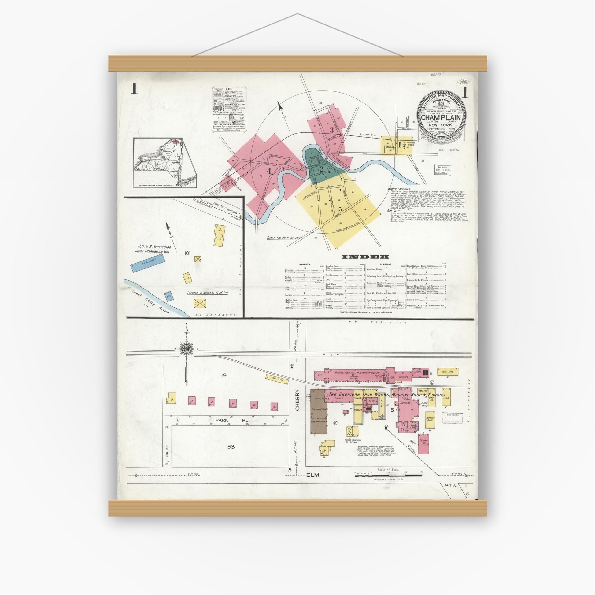 Old map wall art mockup — magnetic wood frame on white wall — Sanborn Fire Insurance Map from Champlain, Clinton County, New York (1923), Sheet #0001