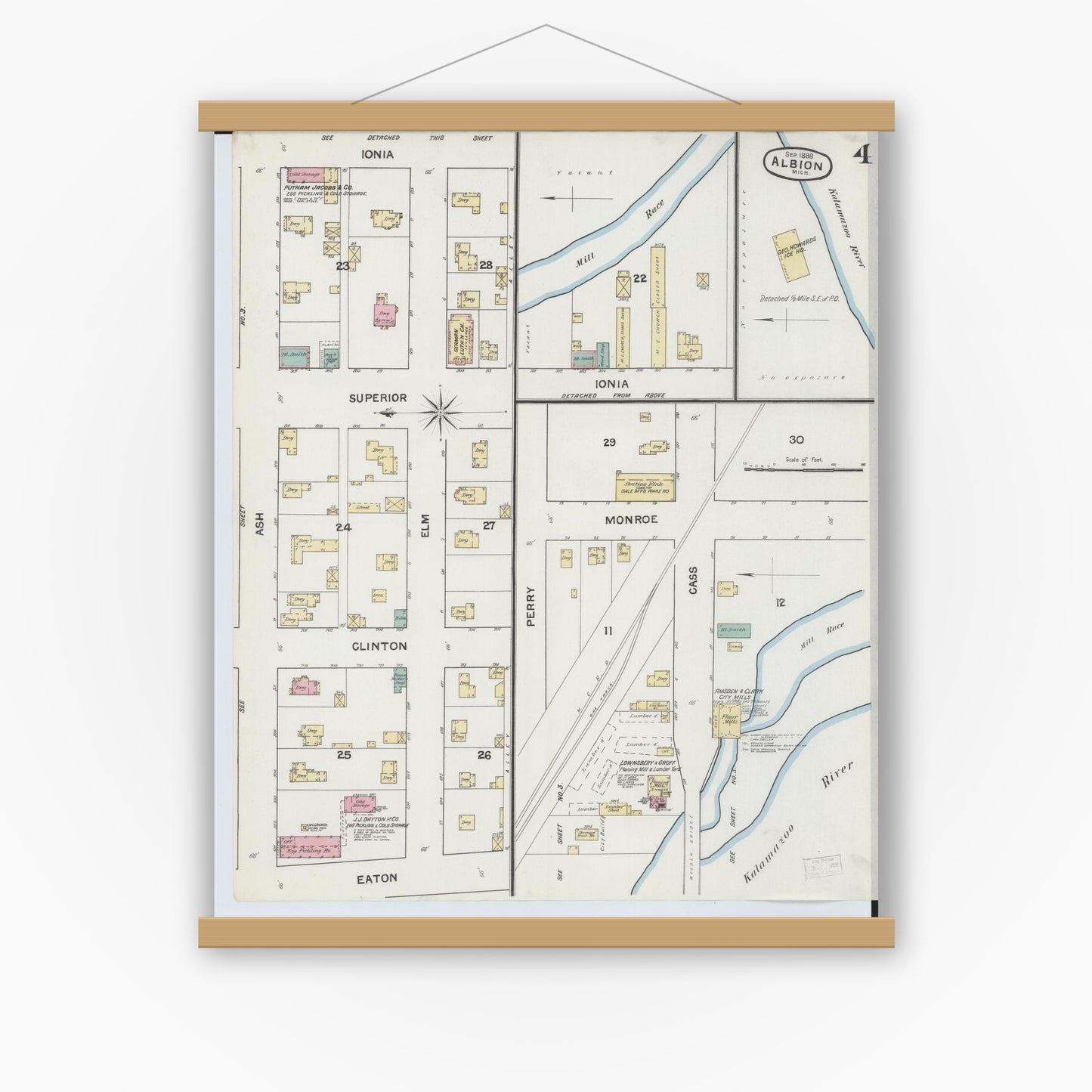 Old map wall art mockup — magnetic wood frame on white wall — Sanborn Fire Insurance Map from Albion, Calhoun County, Michigan (1888), Sheet #0004