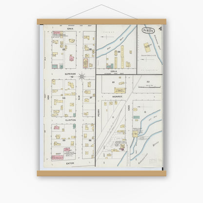 Old map wall art mockup — magnetic wood frame on white wall — Sanborn Fire Insurance Map from Albion, Calhoun County, Michigan (1888), Sheet #0004
