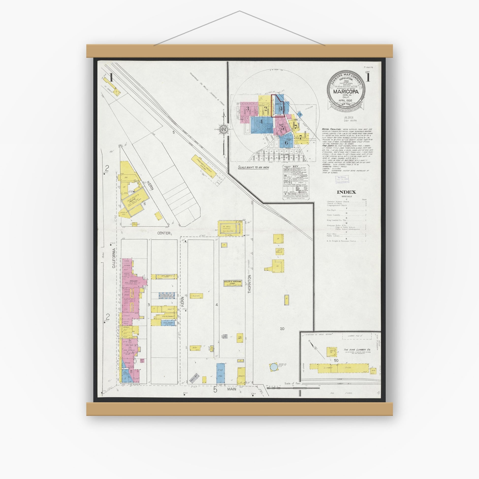 Old map wall art mockup — magnetic wood frame on white wall — Sanborn Fire Insurance Map from Maricopa, Kern County, California (1926) - Complete Map Set