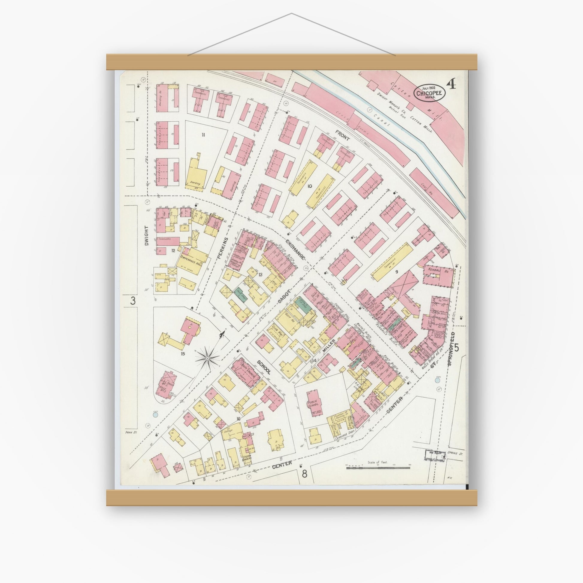 Old map wall art mockup — magnetic wood frame on white wall — Sanborn Fire Insurance Map from Chicopee, Hampden County, Massachusetts (1902), Sheet #0004