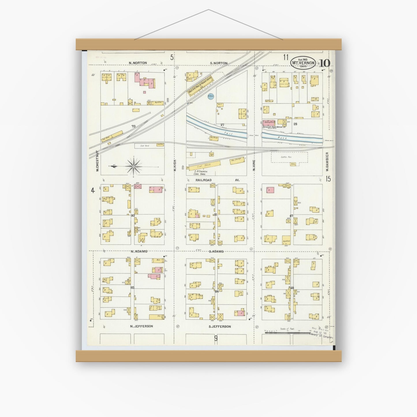 Old map wall art mockup — magnetic wood frame on white wall — Sanborn Fire Insurance Map from Mount Vernon, Knox County, Ohio (1903), Sheet #0010