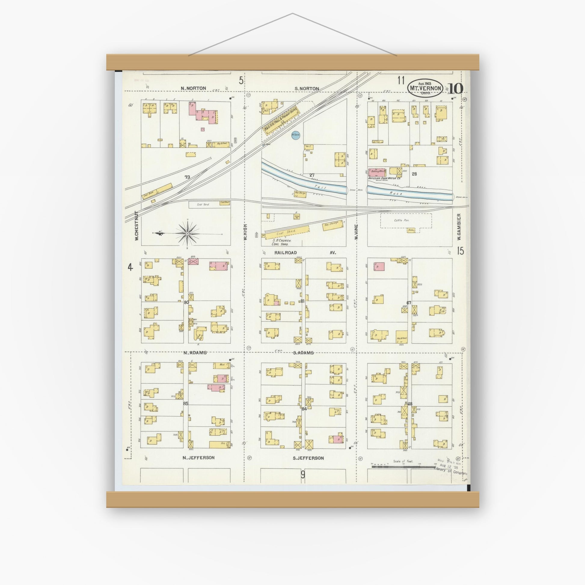Old map wall art mockup — magnetic wood frame on white wall — Sanborn Fire Insurance Map from Mount Vernon, Knox County, Ohio (1903), Sheet #0010