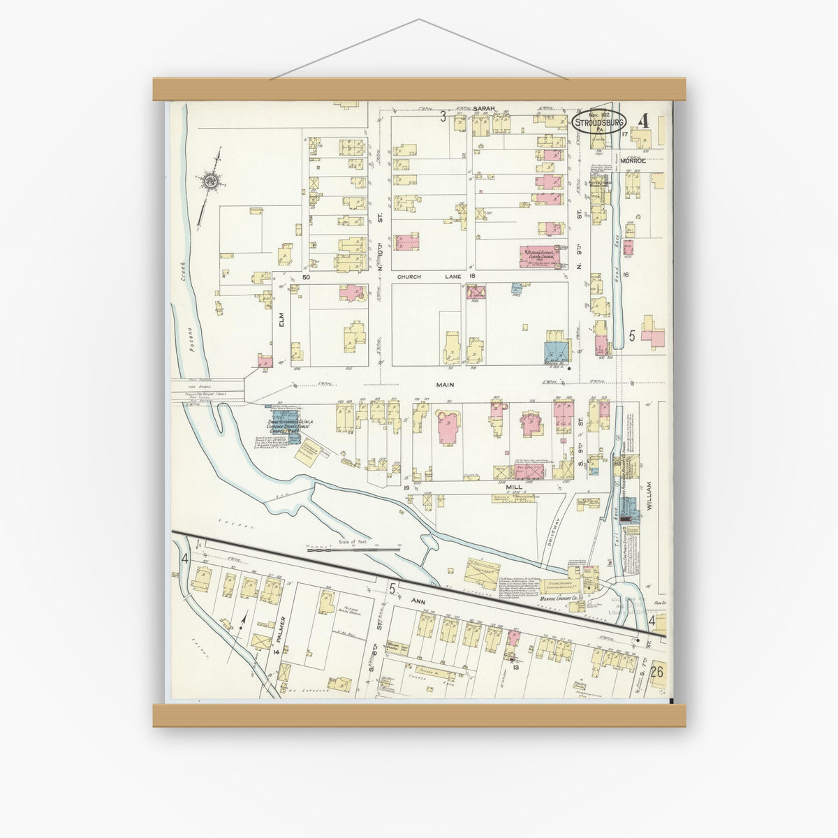 Old map wall art mockup — magnetic wood frame on white wall — Sanborn Fire Insurance Map from Stroudsburg, Monroe County, Pennsylvania (1912), Sheet #0004