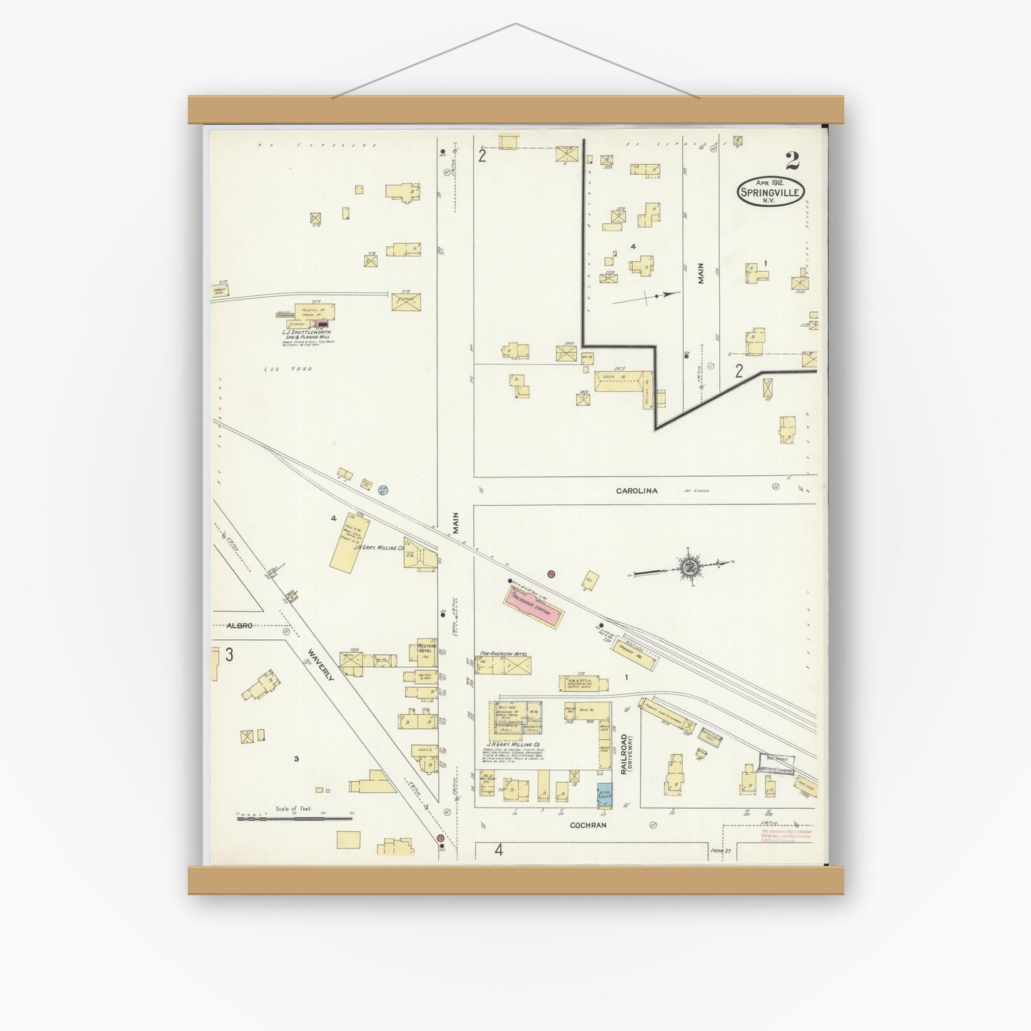 Old map wall art mockup — magnetic wood frame on white wall — Sanborn Fire Insurance Map from Springville, Erie County, New York (1912), Sheet #0002