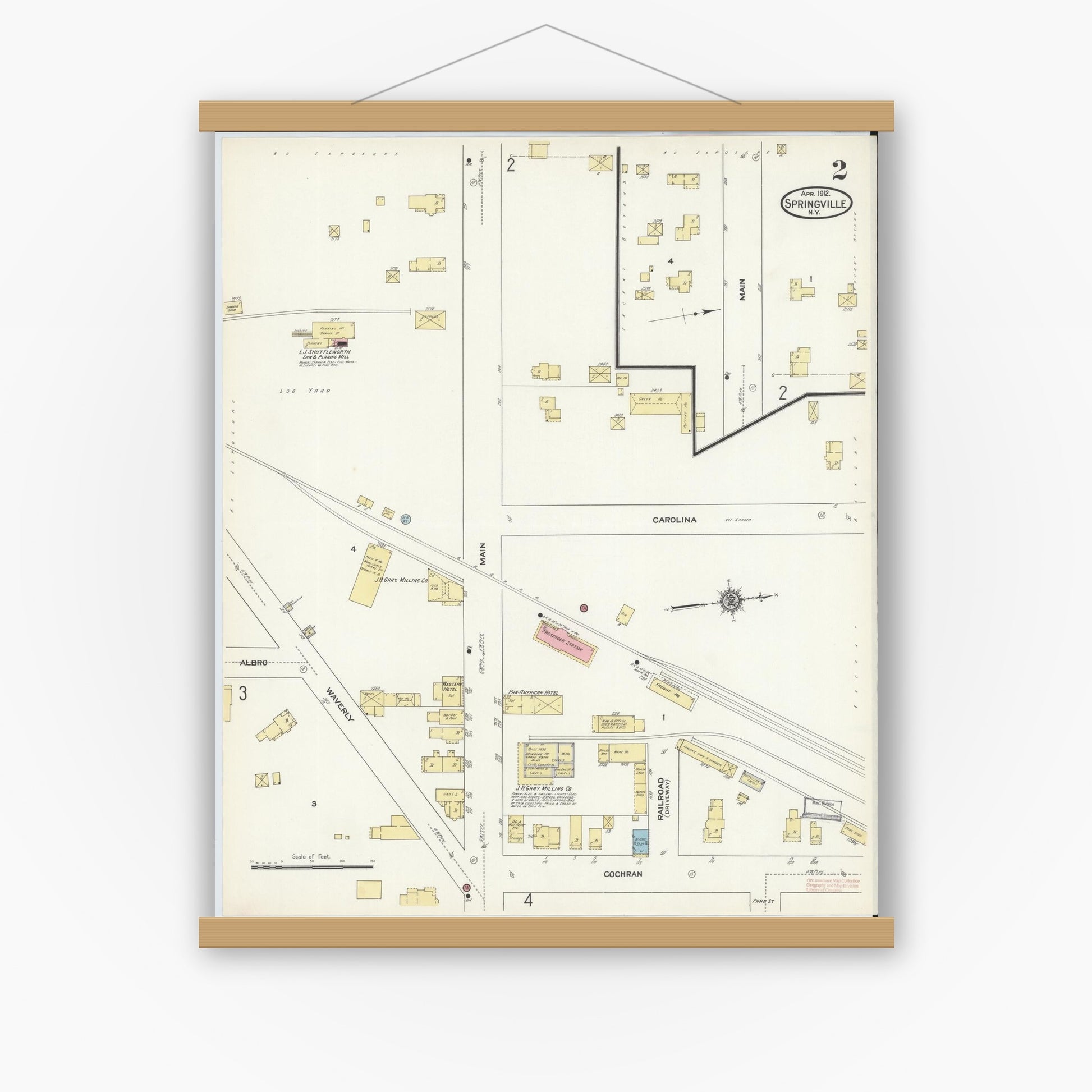 Old map wall art mockup — magnetic wood frame on white wall — Sanborn Fire Insurance Map from Springville, Erie County, New York (1912), Sheet #0002