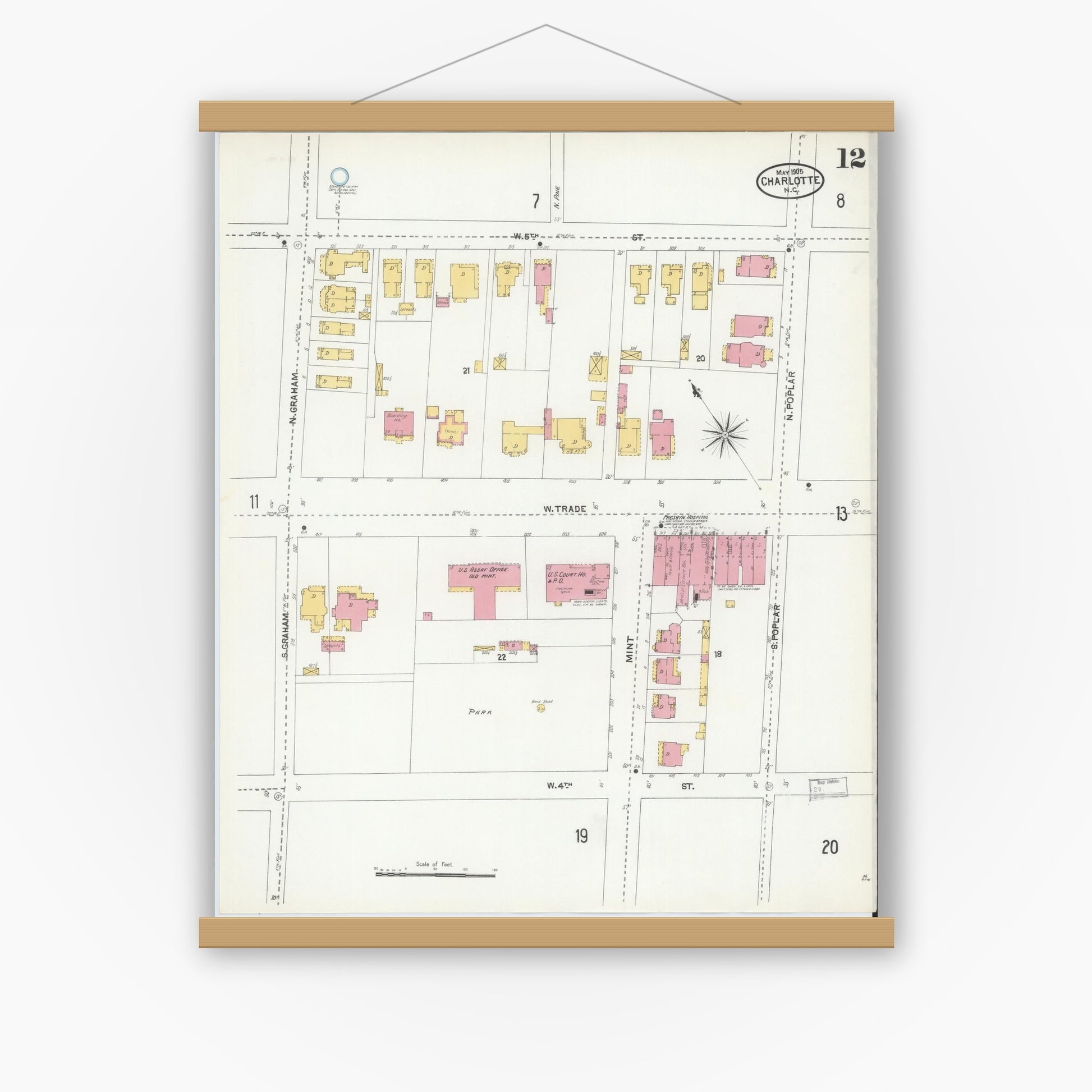 Old map wall art mockup — magnetic wood frame on white wall — Sanborn Fire Insurance Map from Charlotte, Mecklenburg County, North Carolina (1905), Sheet #0012