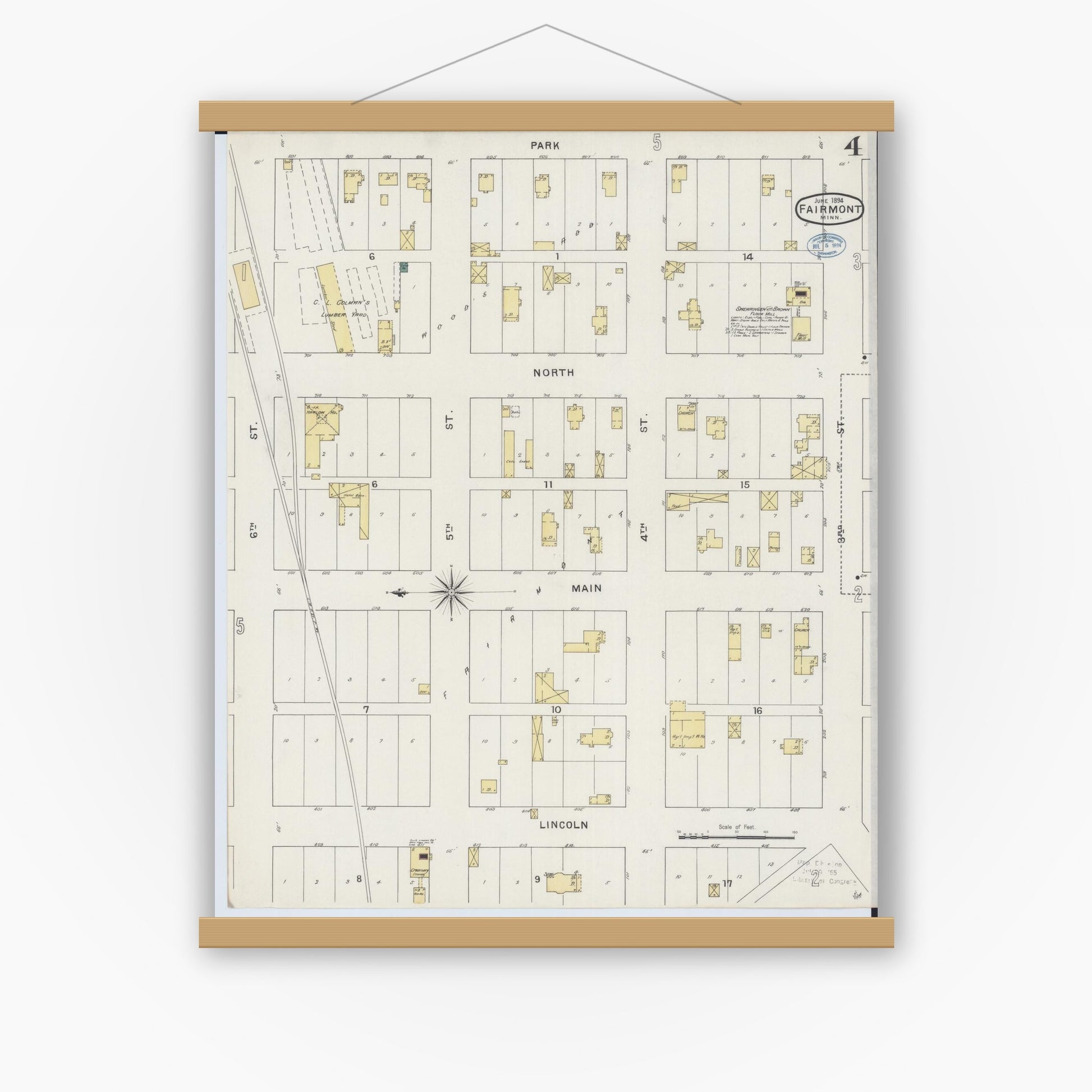 Old map wall art mockup — magnetic wood frame on white wall — Sanborn Fire Insurance Map from Fairmont, Martin County, Minnesota (1894), Sheet #0004