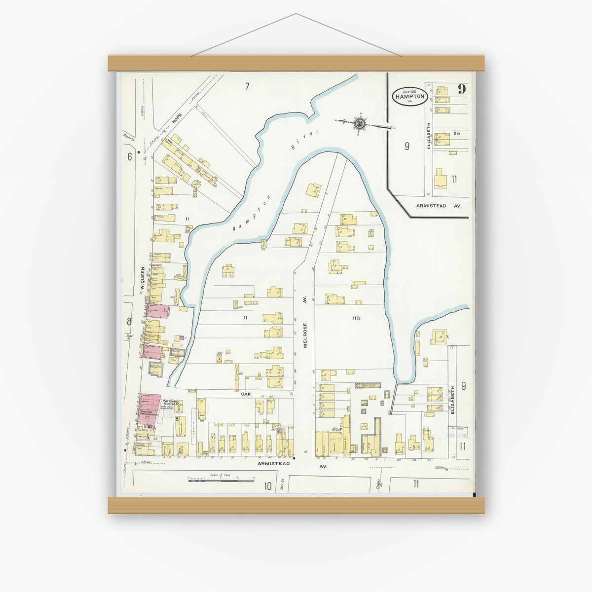 Old map wall art mockup — magnetic wood frame on white wall — Sanborn Fire Insurance Map from Hampton, Independent Cities, Virginia (1910), Sheet #0009