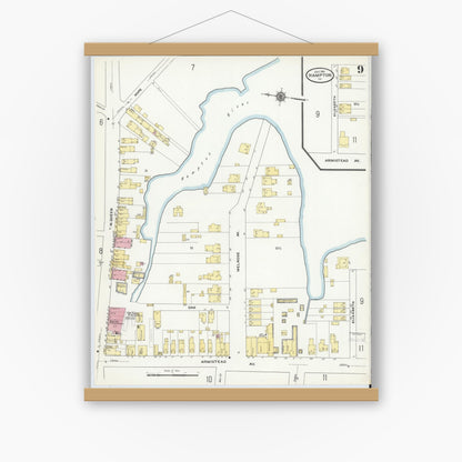 Old map wall art mockup — magnetic wood frame on white wall — Sanborn Fire Insurance Map from Hampton, Independent Cities, Virginia (1910), Sheet #0009